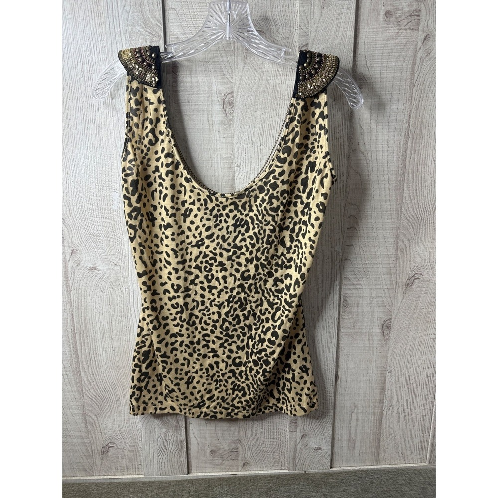 Kardashian Collection XS Leopard Print Beaded & Chain Embellished Tank Top